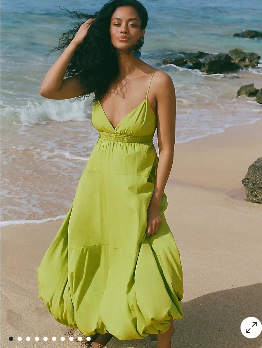 Anthropologie Womens V-Neck Green Spaghetti Strap Bubble Hem Maxi Dress, Medium